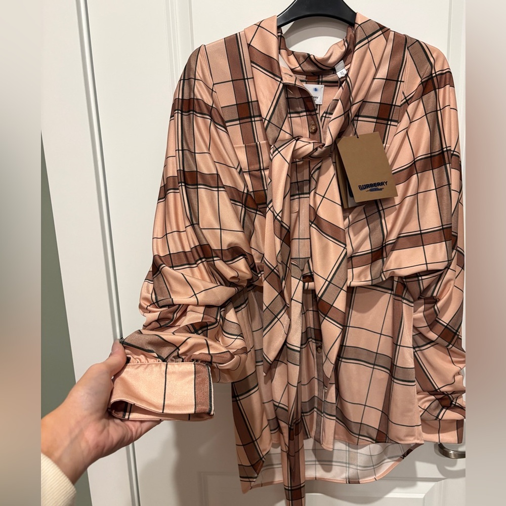 NWT Burberry Check Drape Sleeve Blouse - Picture 3 of 7